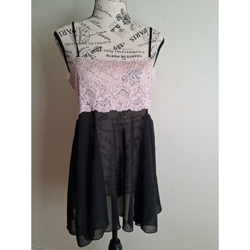 La Vie en Rose Pink Lace Black Chiffon Babydoll Chemise Lingerie Large